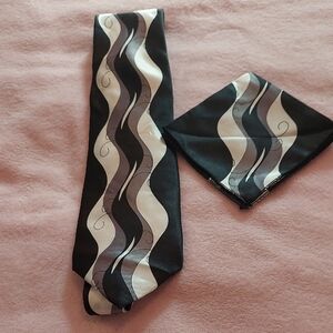 Milano Moda Black and White Wave Pattern Tie Set